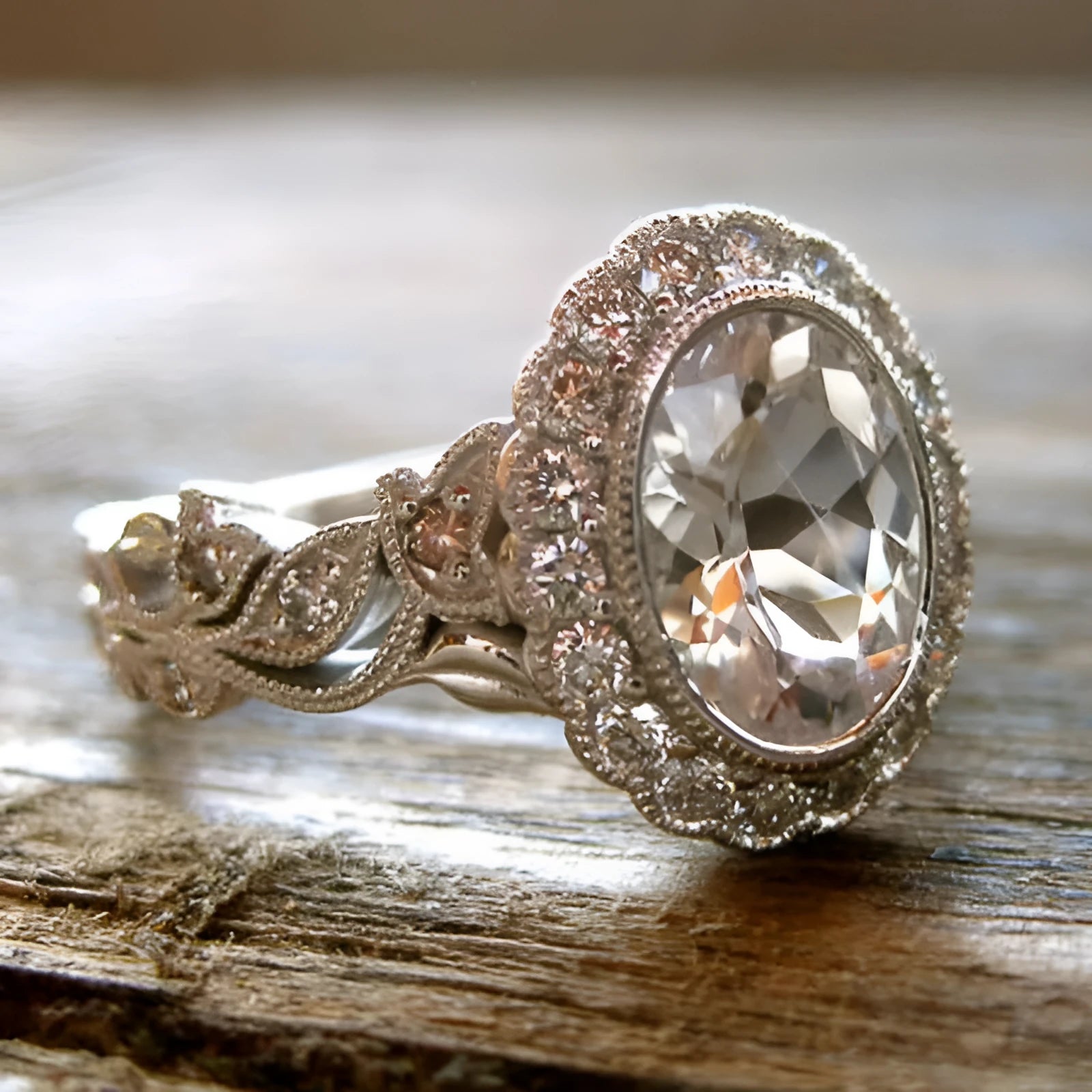 Women's geometric ring with round zircon centre stone and white gold colour plating