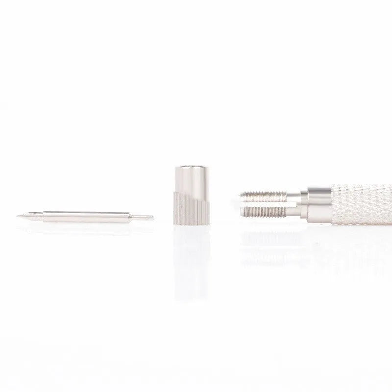 5-piece iron watch strap changing tool set with double end detachable earbud and spare needles in silver