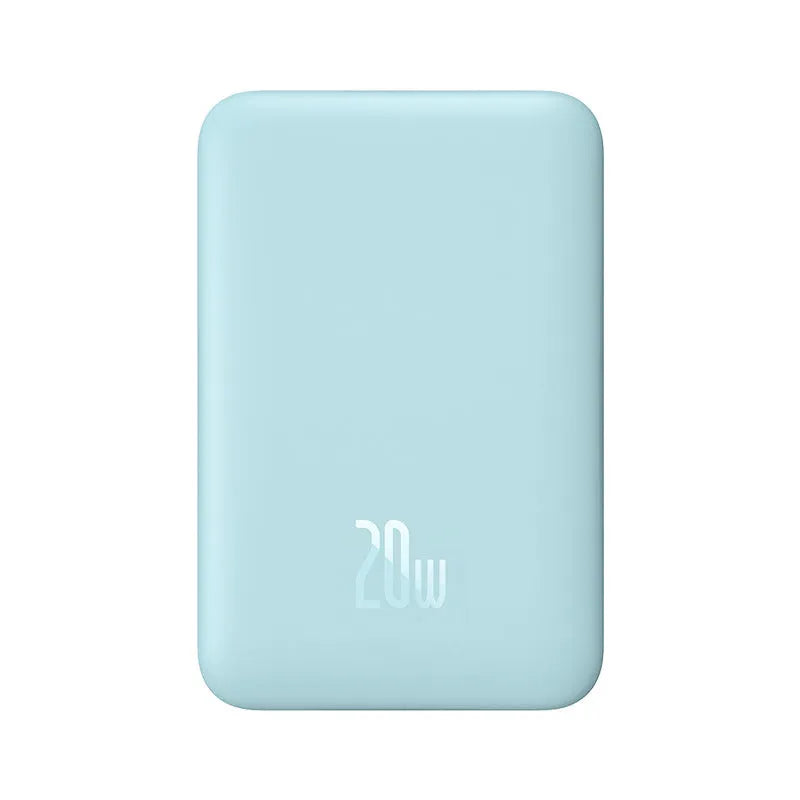 Magnetic wireless fast charging power bank in black, white, blue, pink, or purple with silicone non-slip shell.