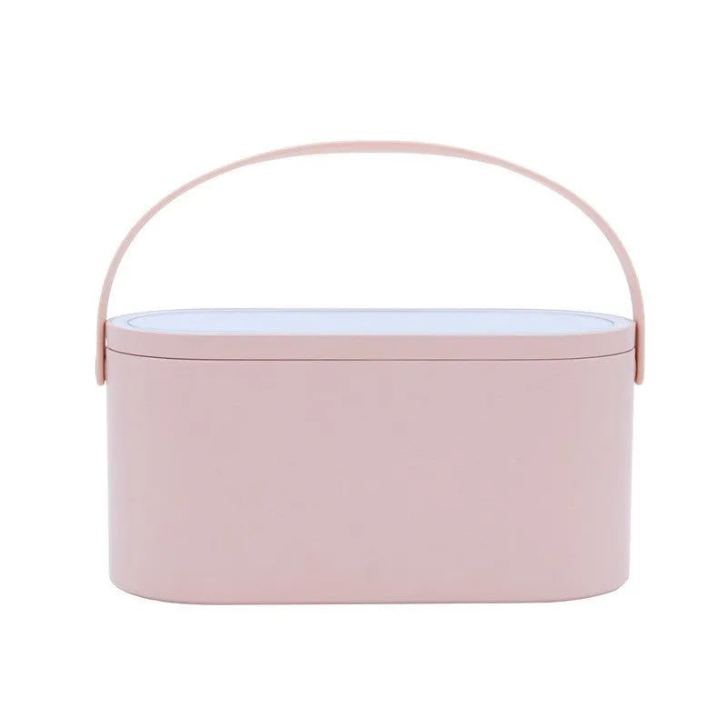 Portable pink and white makeup mirror with storage box and aluminium mirror lens