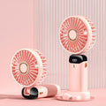 Blue USB rechargeable portable handheld fan shown in neck, desk, and handheld modes with digital display