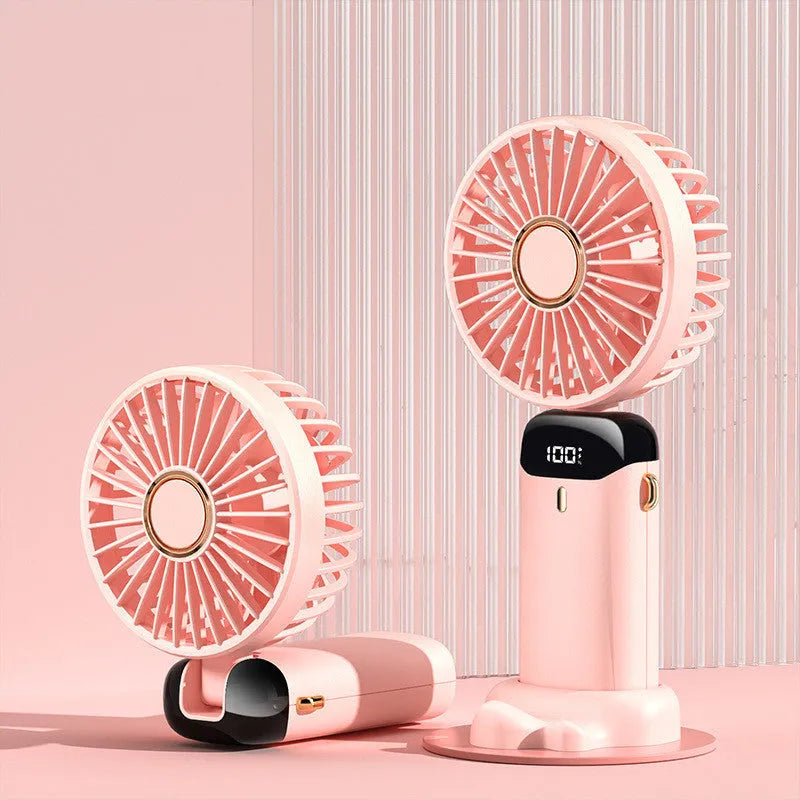 Blue USB rechargeable portable handheld fan shown in neck, desk, and handheld modes with digital display