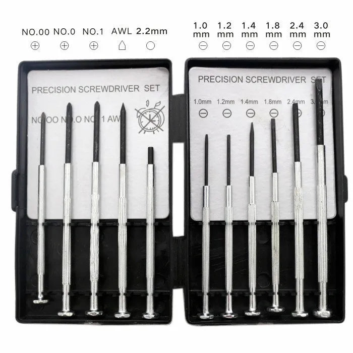 TH-6177 11-piece set of steel screwdrivers with cross and slotted heads for clocks and electronics.