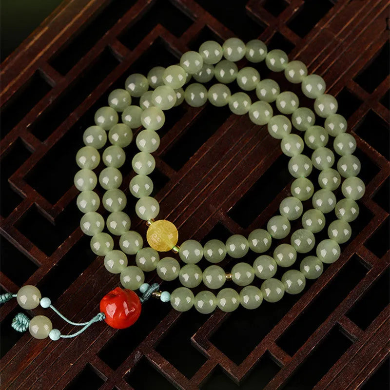Pale blue Hetian jade bracelet with 6mm beads in three-circle adjustable design