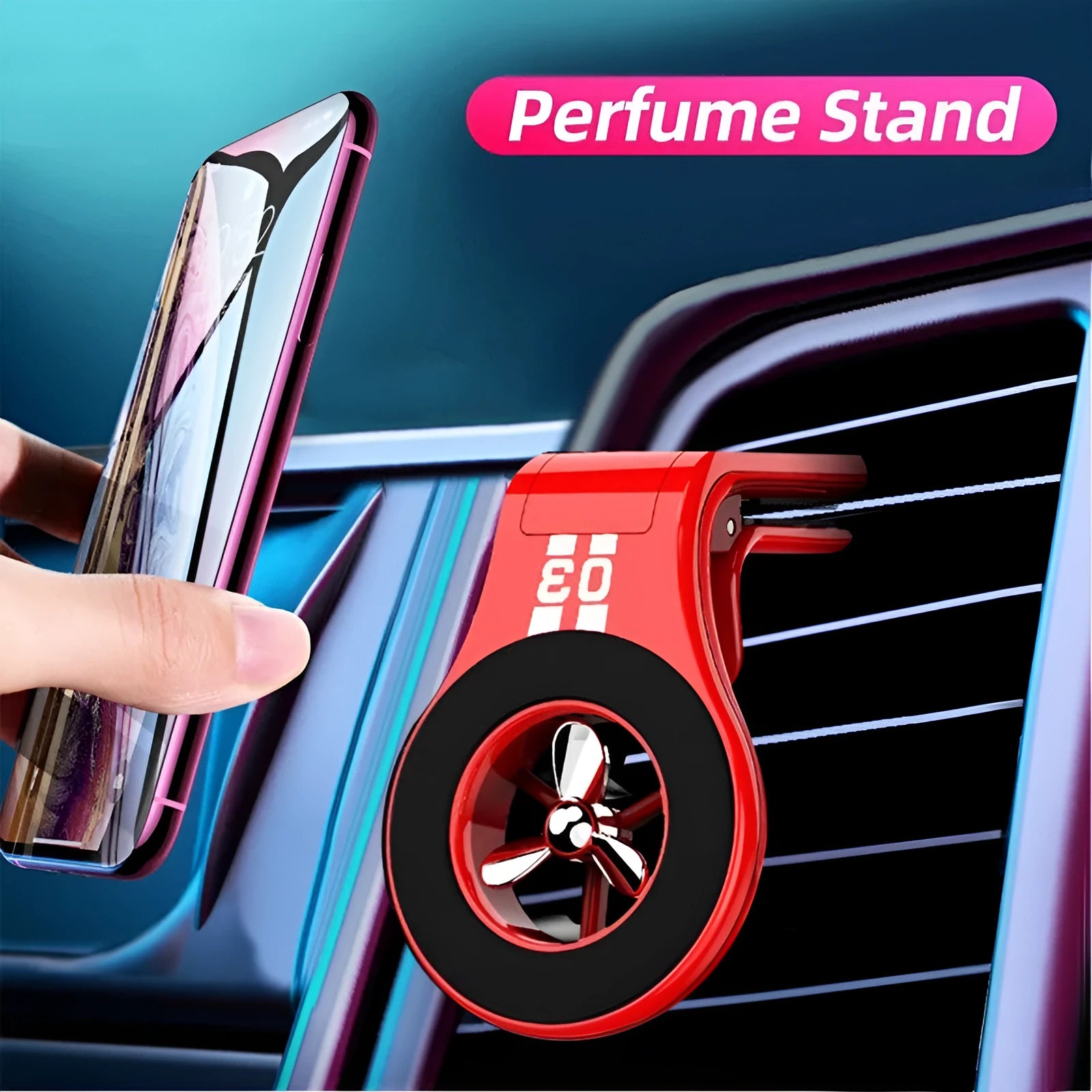 Black magnetic car air vent phone holder with adjustable head and fragrance slices attached to a vehicle vent.
