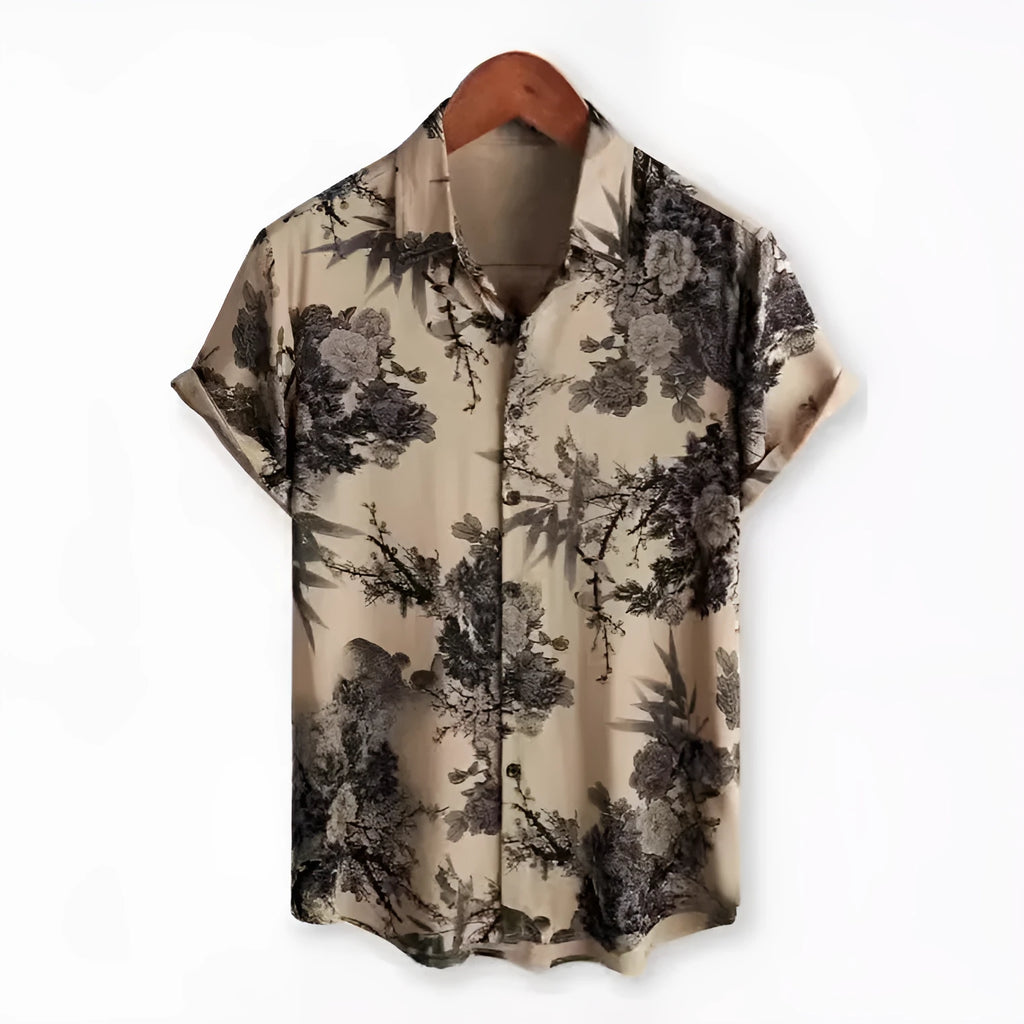 Hawaiian floral print short sleeve shirt with a lapel collar on a hanger.