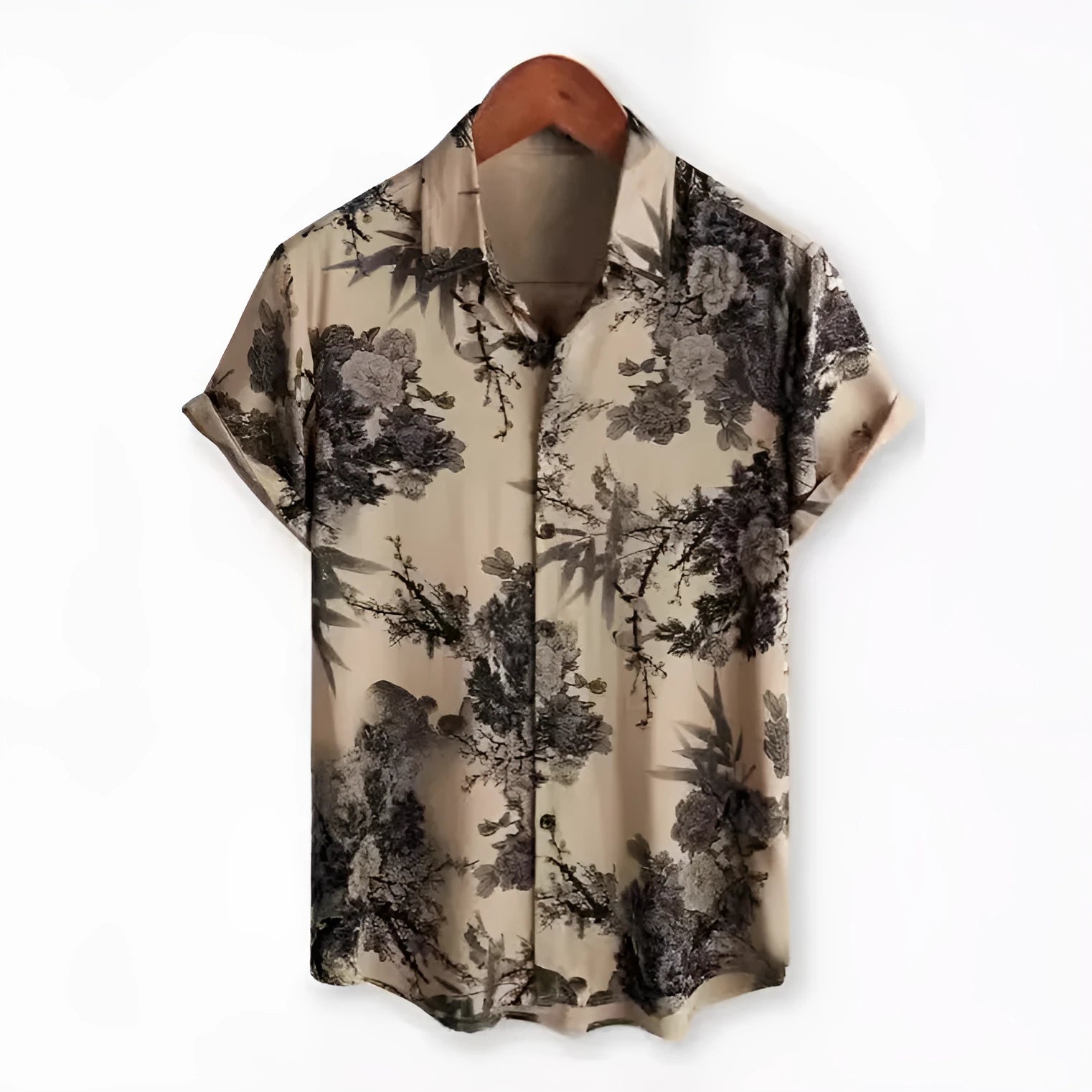 Hawaiian floral print short sleeve shirt with a lapel collar on a hanger.