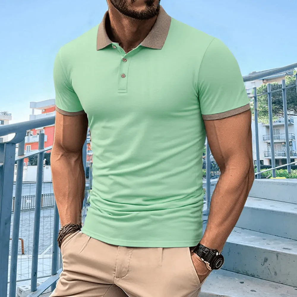 Ice silk summer polo shirt with short sleeves, a lapel collar, and a printed flocking design on the front.