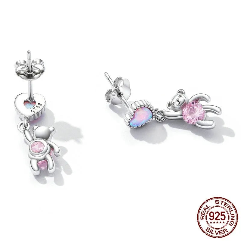 Love Bear S925 silver ear studs for women, 1.8cm height, animal motif earrings on model