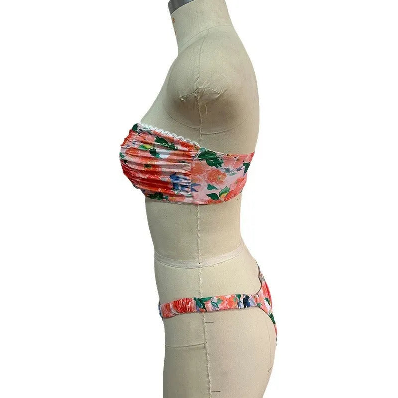 Women's floral printed lace-trim bikini set in blue, shown front and back.