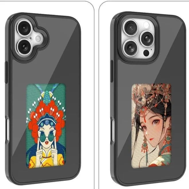 Black smart NFC phone case with four-colour e-ink screen and 3D relief texture for iPhone 11-16 series