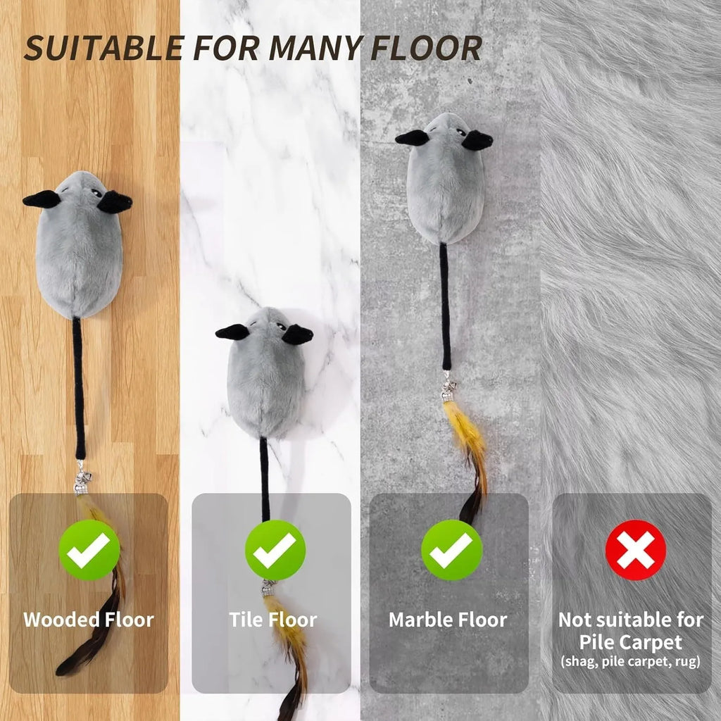 Grey and yellow rechargeable automatic moving cat toy with feather tail and LED lights