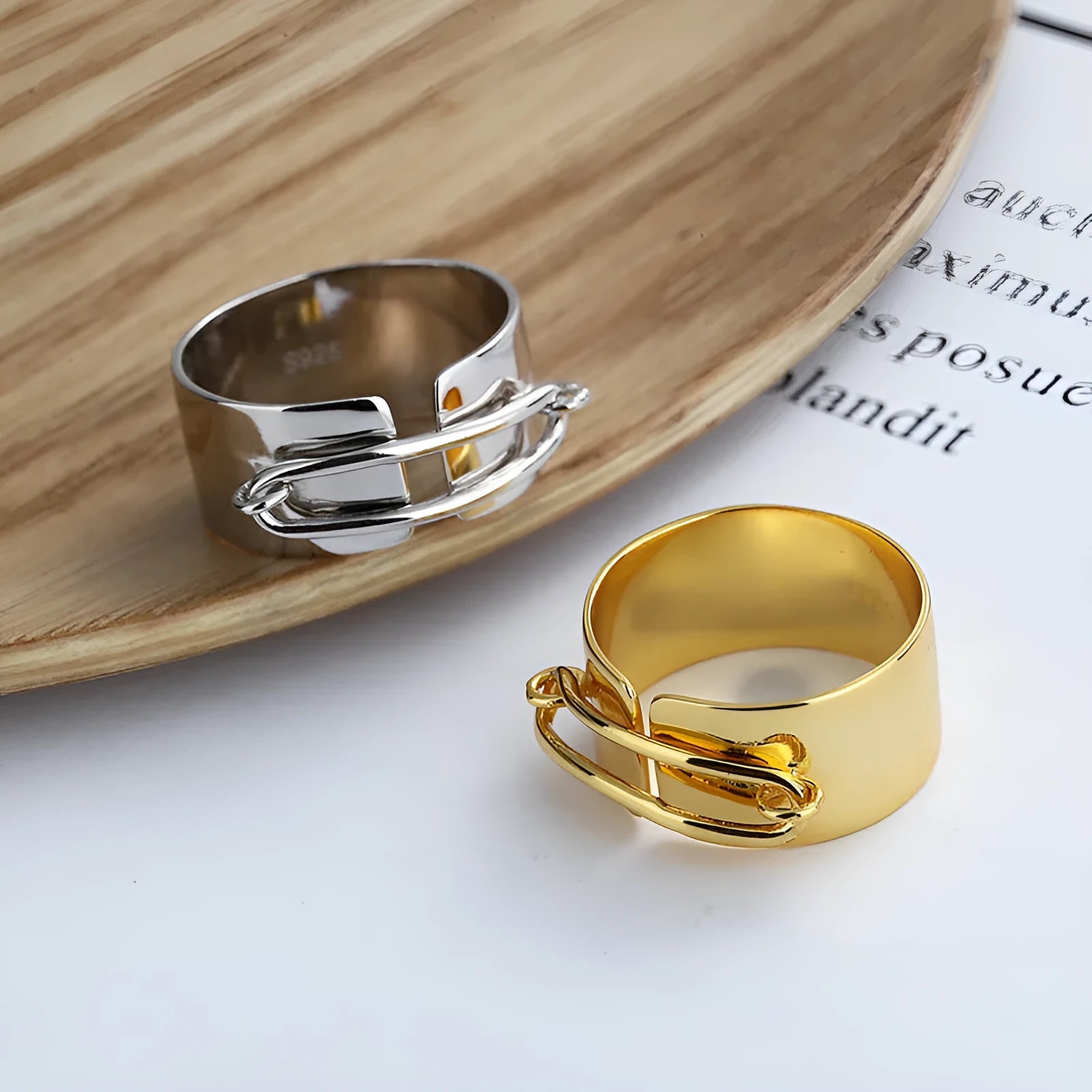 S925 sterling silver cold style irregular geometric ring with adjustable opening, yellow gold finish, round element