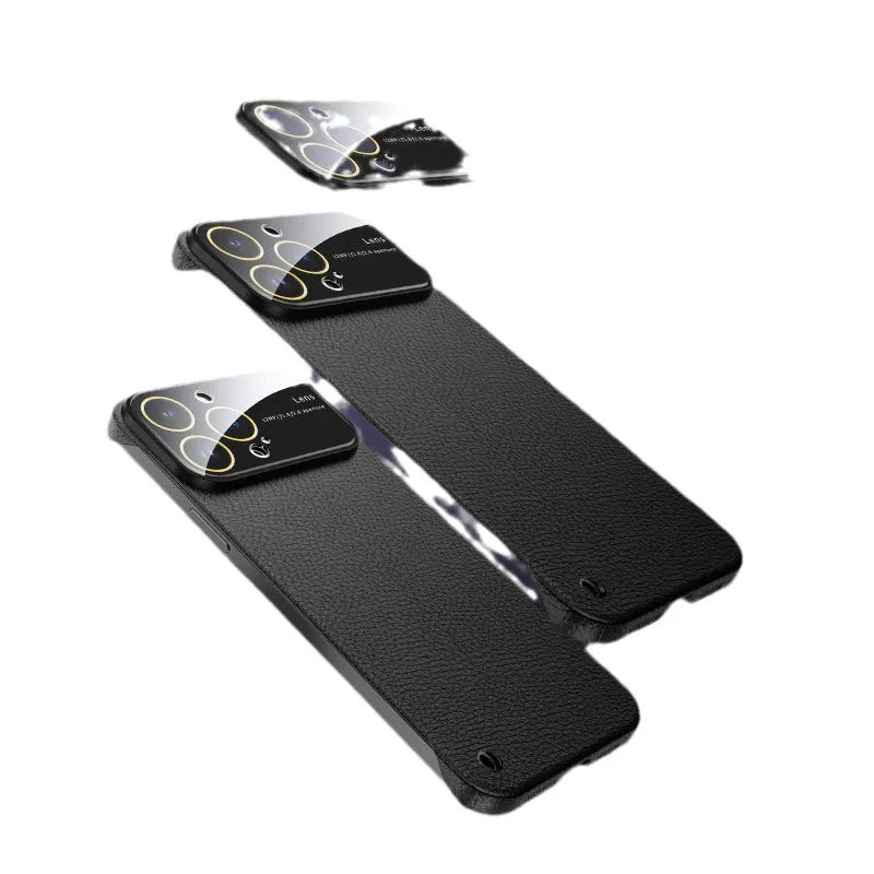 Frameless lychee pattern iPhone case in black, PC material, shockproof and anti-fingerprint, for iPhone 11 to 15 Pro Max.