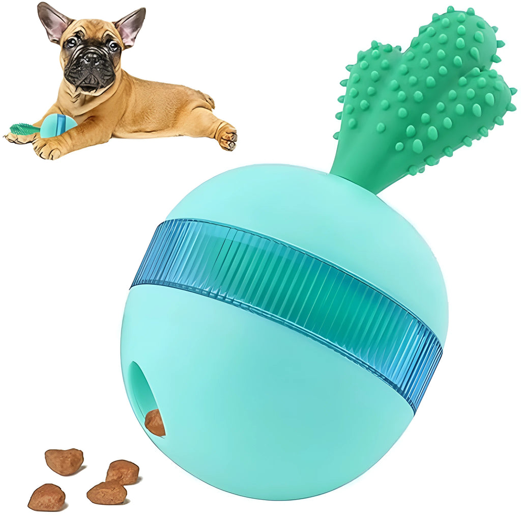 Blue and green durable rubber interactive treat dispensing dog puzzle ball for medium large breeds