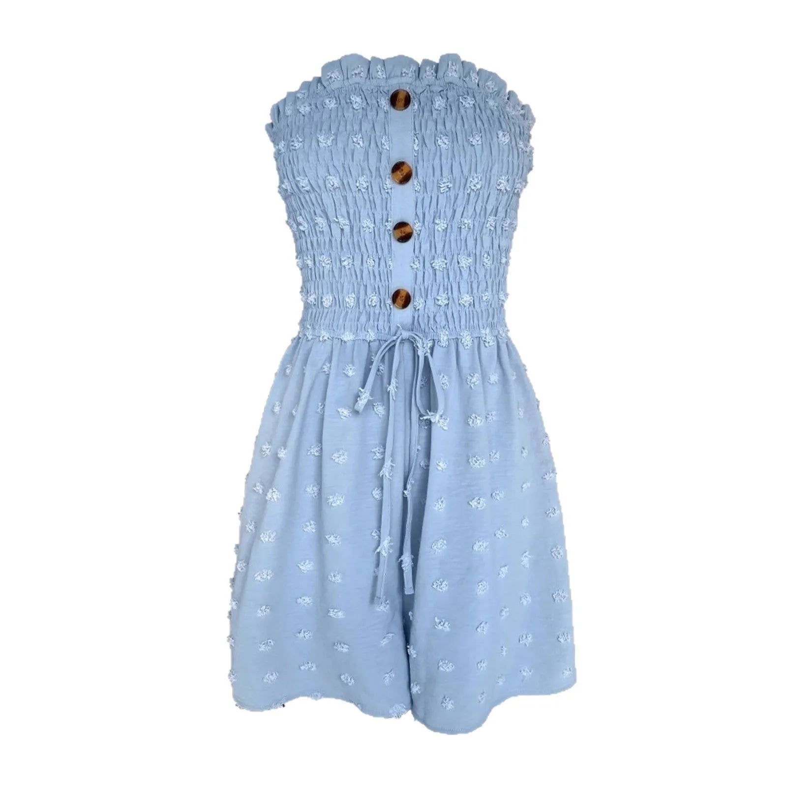 Solid colour off-shoulder sleeveless women's jumpsuit on a hanger, showing button detail and mid-waist design.