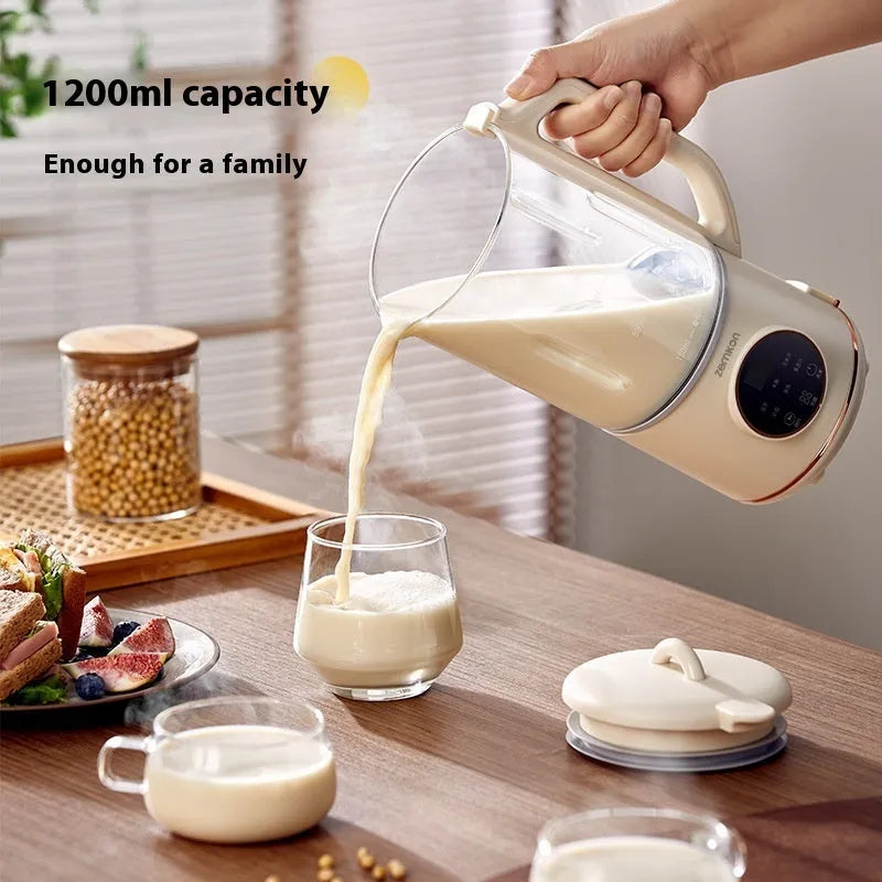 Household soybean milk machine with glass body and touch controls in milky white colour