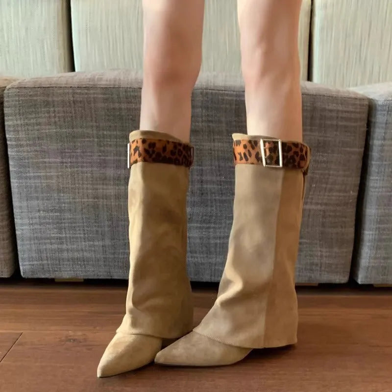 Retro Western slimming belt buckle mid-calf boots in black with square toe and lace-up
