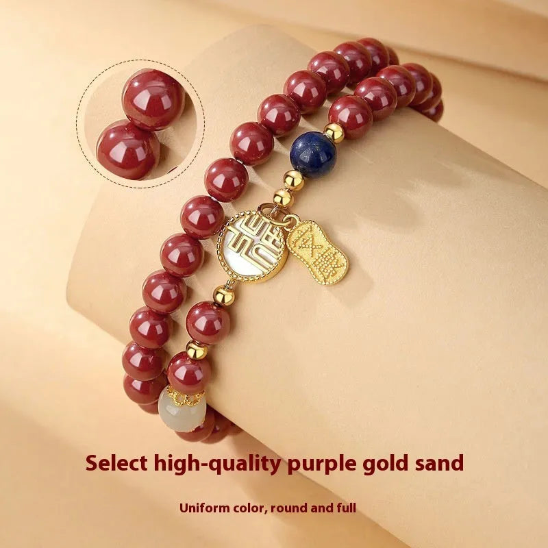 Women's S925 sterling silver bracelet with cinnabar blessing card pendant and purple gold sandstone accents