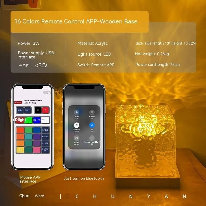 LED water ripple projection crystal table lamp with USB cable and remote control