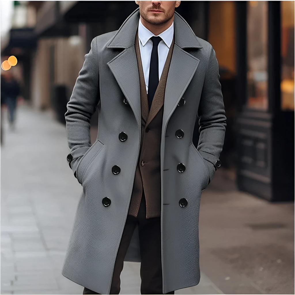 Men's long double breasted woolen coat in dark gray, black or khaki, sizes S to XXXL
