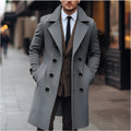 Men's long double breasted woolen coat in dark gray, black or khaki, sizes S to XXXL