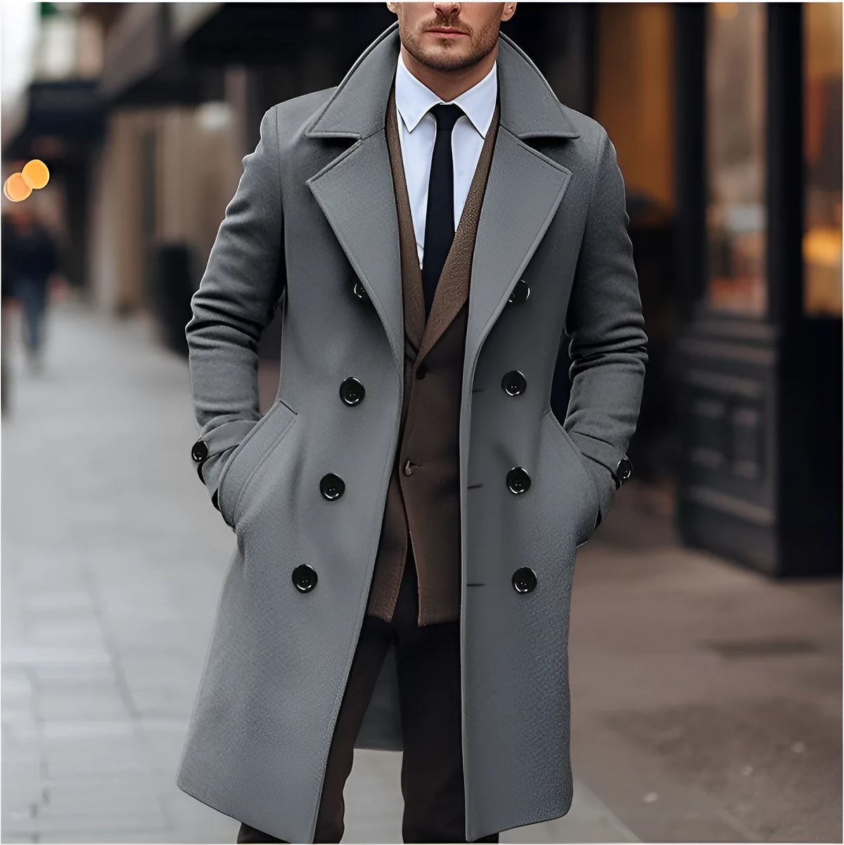 Men's long double breasted woolen coat in dark gray, black or khaki, sizes S to XXXL