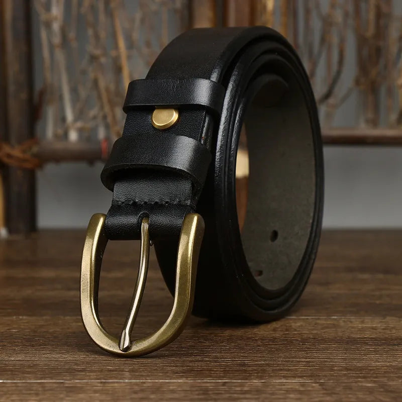 Men's genuine leather belt 3.3cm wide with copper buckle, retro casual style, khaki colour, pin-buckle fastening