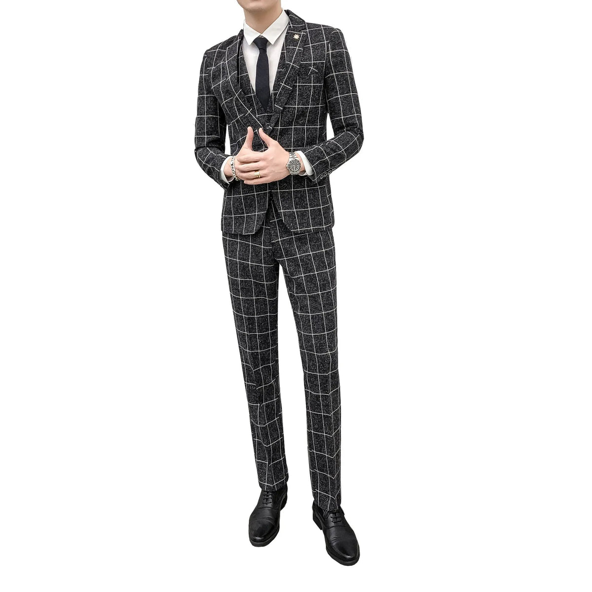 Men's slim fit three-piece suit in viscose blend, available in khaki, black, dark blue, grey, sizes M to XXXXL.