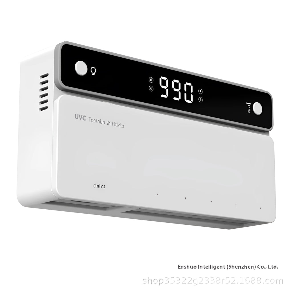 Black toothbrush sterilizer with UV disinfection and automatic drying, wall-mounted on tile with drill-free adhesive