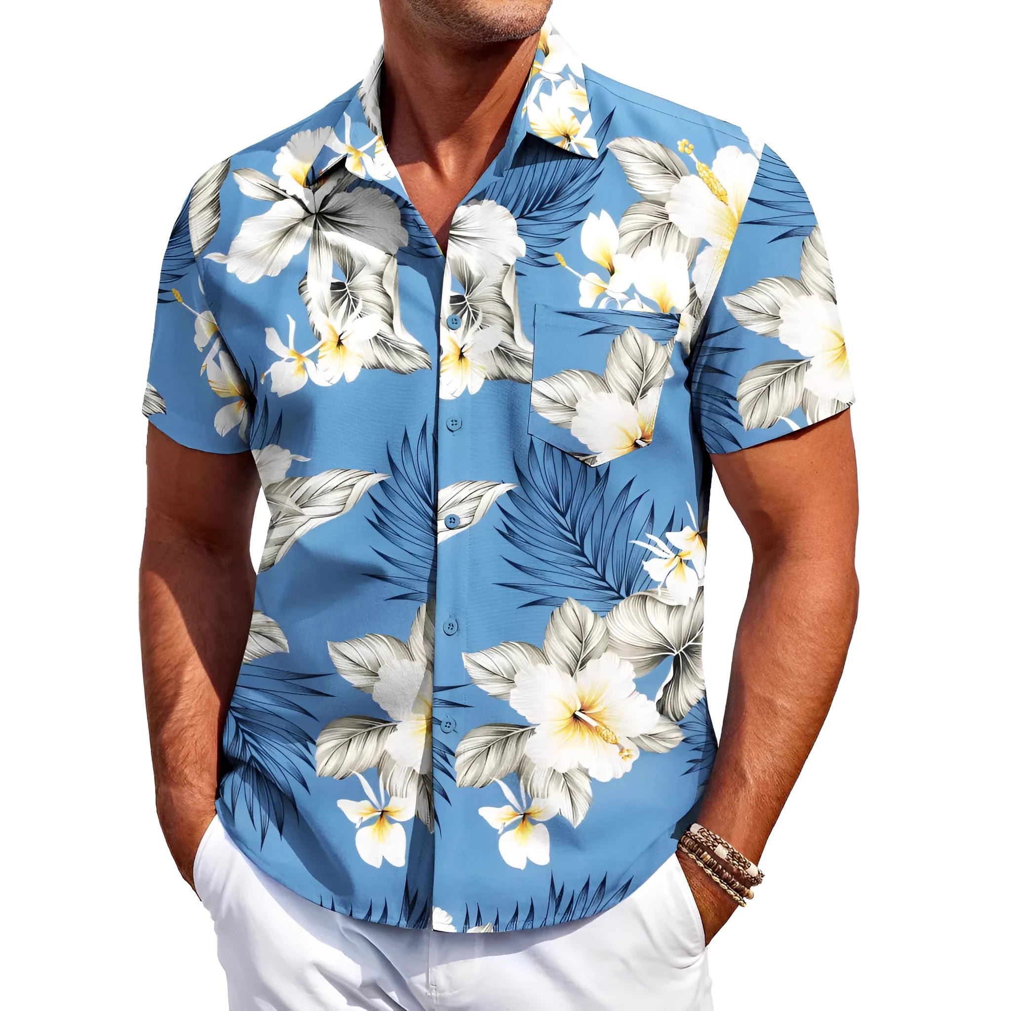Man wearing a slim-fit Hawaiian short-sleeve shirt in elastic polyester fabric.