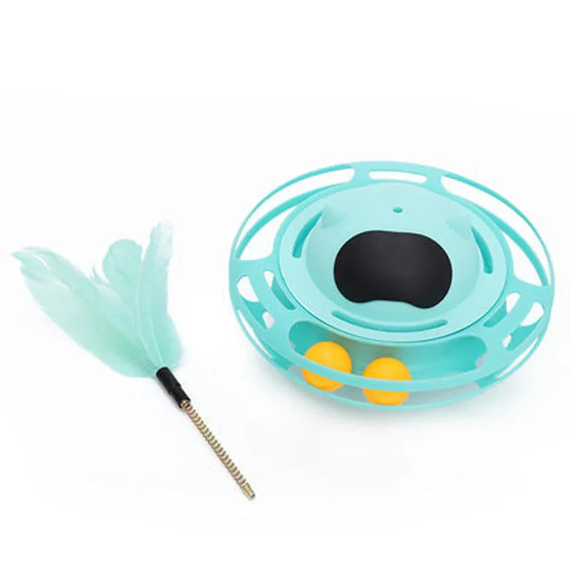 Pink cat tumbler turntable interactive toy with colourful ball inside, dimensions 17cm by 10cm