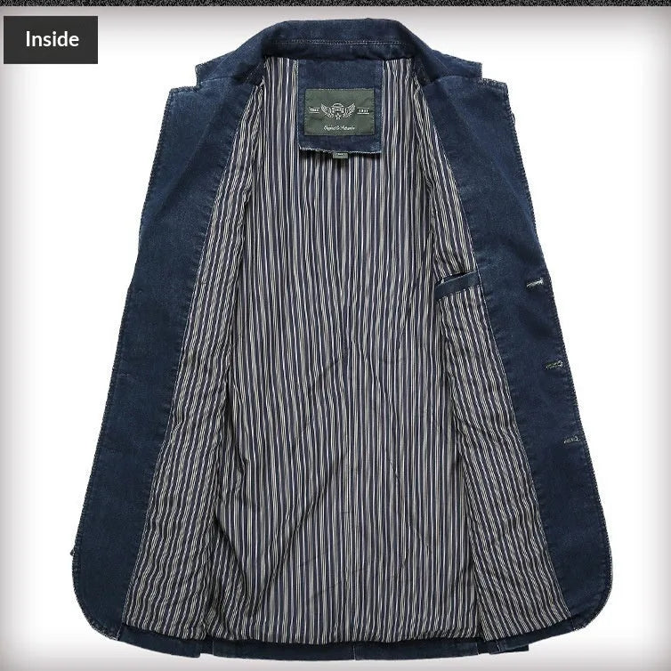 Casual solid colour cotton denim suit jacket for men, slim fit, top patch pockets, light blue