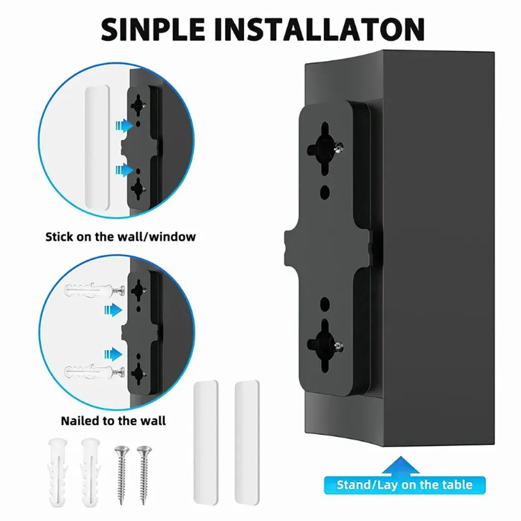 Black plastic digital television antenna with dimensions 18x16x7cm and mounting accessories