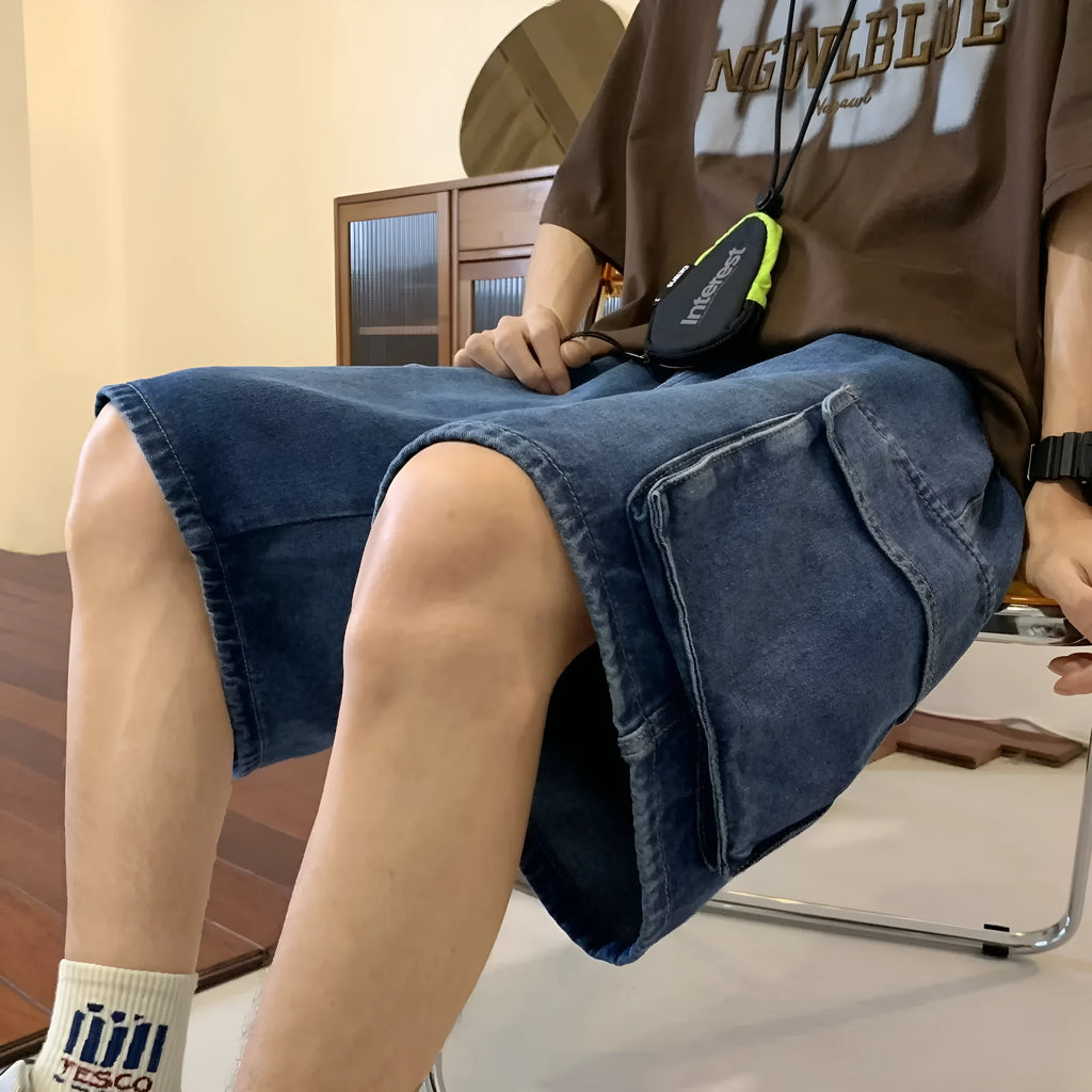 Men's cotton denim shorts in dark blue, light blue, or black, fifth pants length, sizes S to 3XL