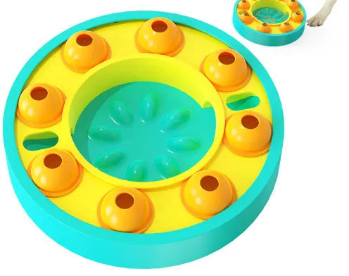 Green plastic interactive dog puzzle toy slow feeder bowl with non-slip base and food turntable.