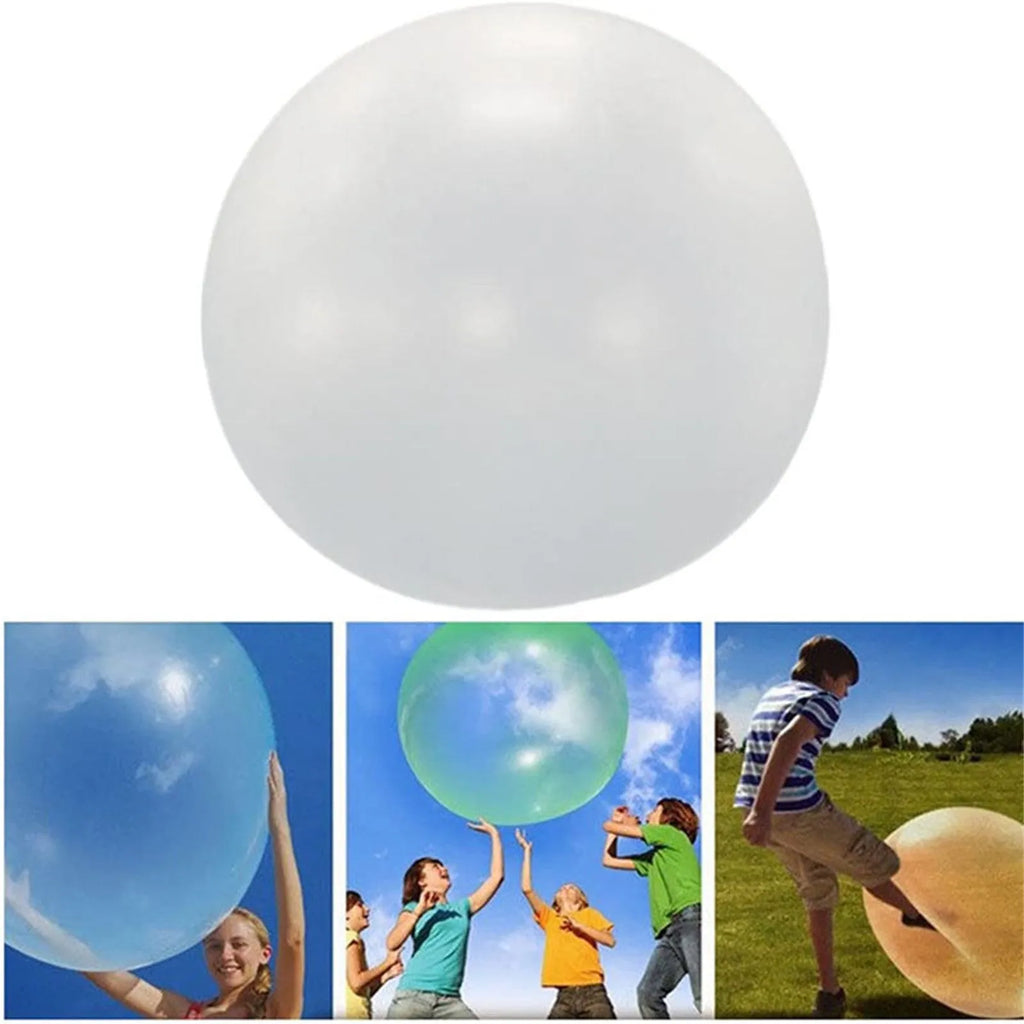 Assortment of large pink, yellow, green, and blue inflatable bubble balls in various sizes.