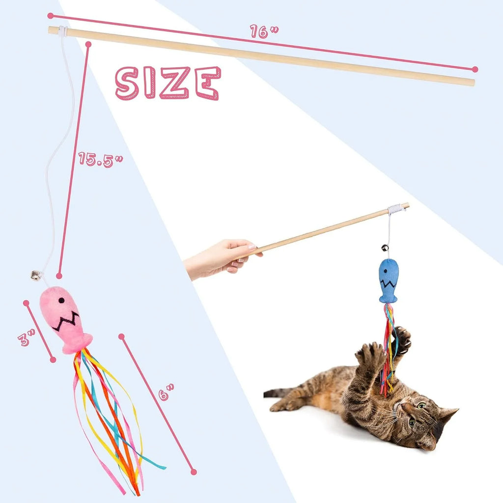 Blue cat wand toy with ribbons, catnip fish and bell on a wooden handle