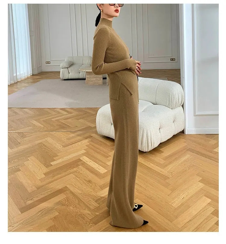 Women's apricot knitted wide-leg pants, sweater, and cardigan three-piece set with leather stitching detail.