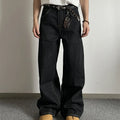 Black retro loose wide-leg jeans with a straight leg cut and zip fly on a mannequin.