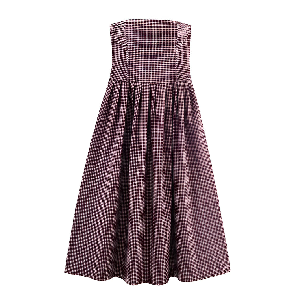Women's plaid tube top dress with asymmetric pleated skirt, sling style, long sleeves, polyester fabric