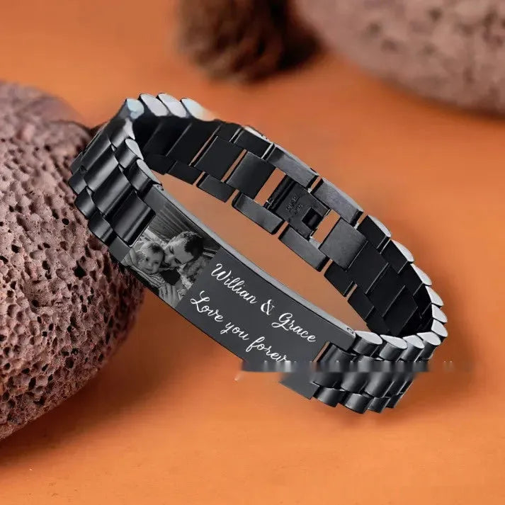 Men's titanium steel lettering bracelet with curved heart shape in black or grey lettering options