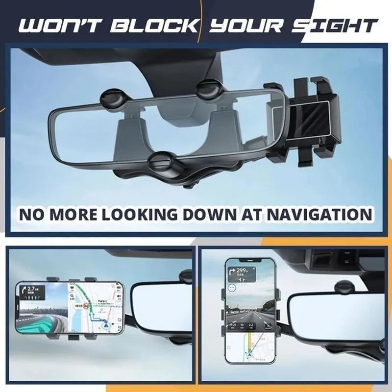 Black rearview mirror phone holder with rotating head and telescopic arm mounted on a car mirror.