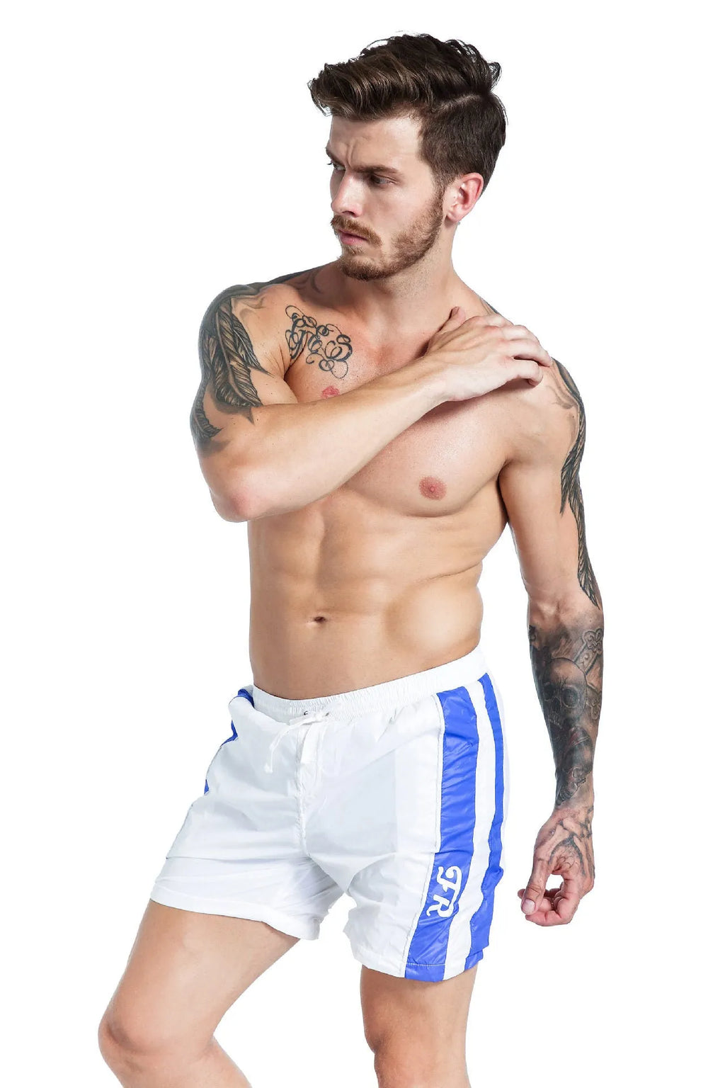 Blue men's slim-fit sports shorts with a lace-up front waistband on a plain background.
