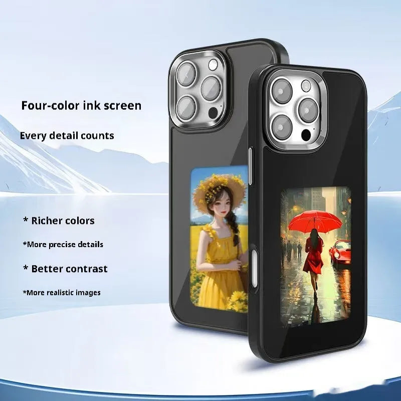 Black NFC four-color E-ink screen phone case for iPhone 15 with flower print, TPU composite board drop-proof