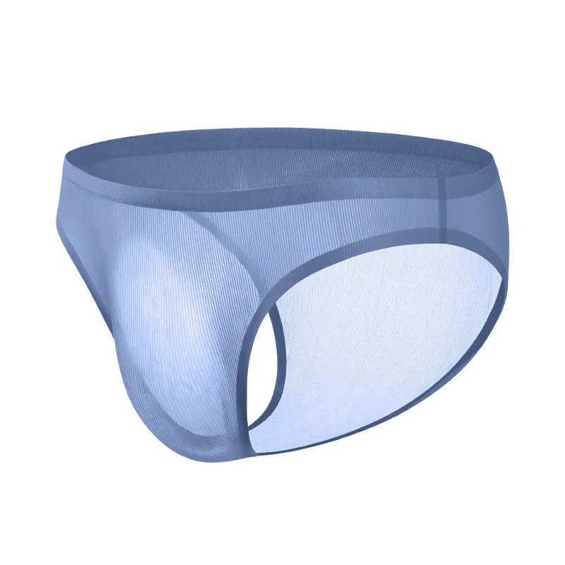 Men's low-waist ice silk seamless briefs in black stripe pattern showing ultra-thin translucent fabric