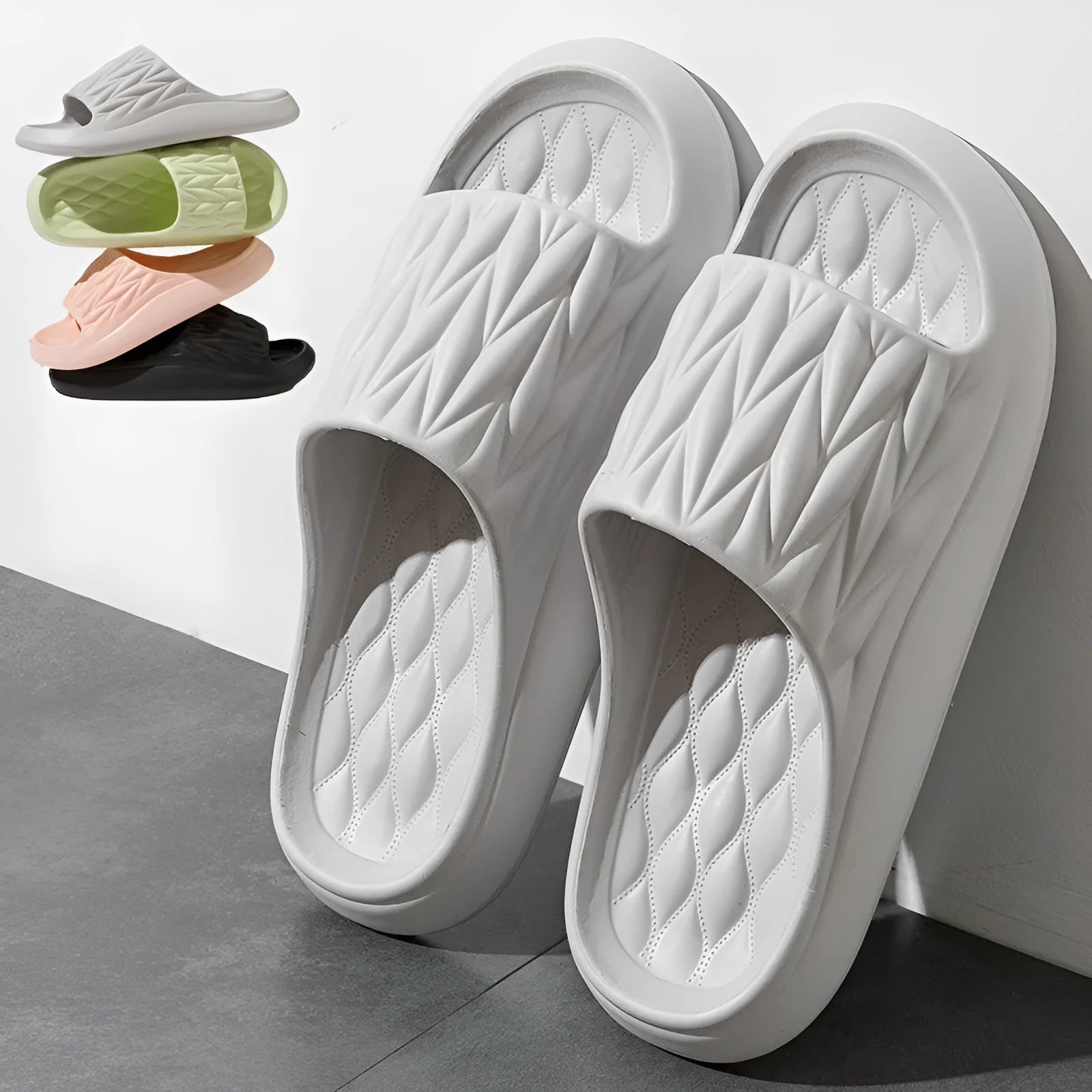 Leaf texture design EVA slippers for men and women in various colours on a white background.