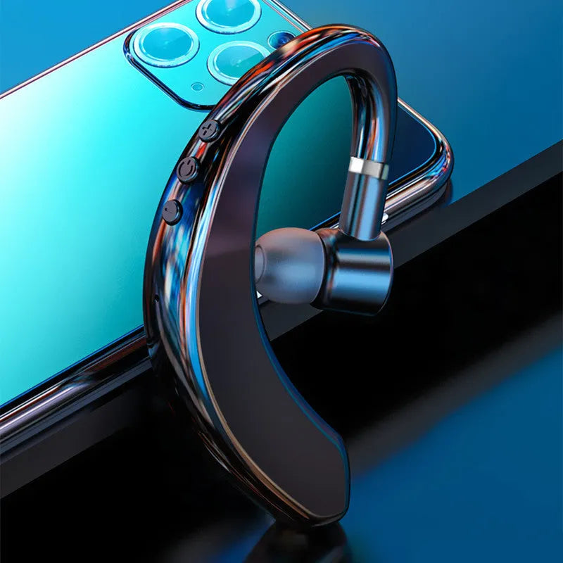 Wireless Bluetooth single ear earphones with 36-hour battery life showing black and blue colour options