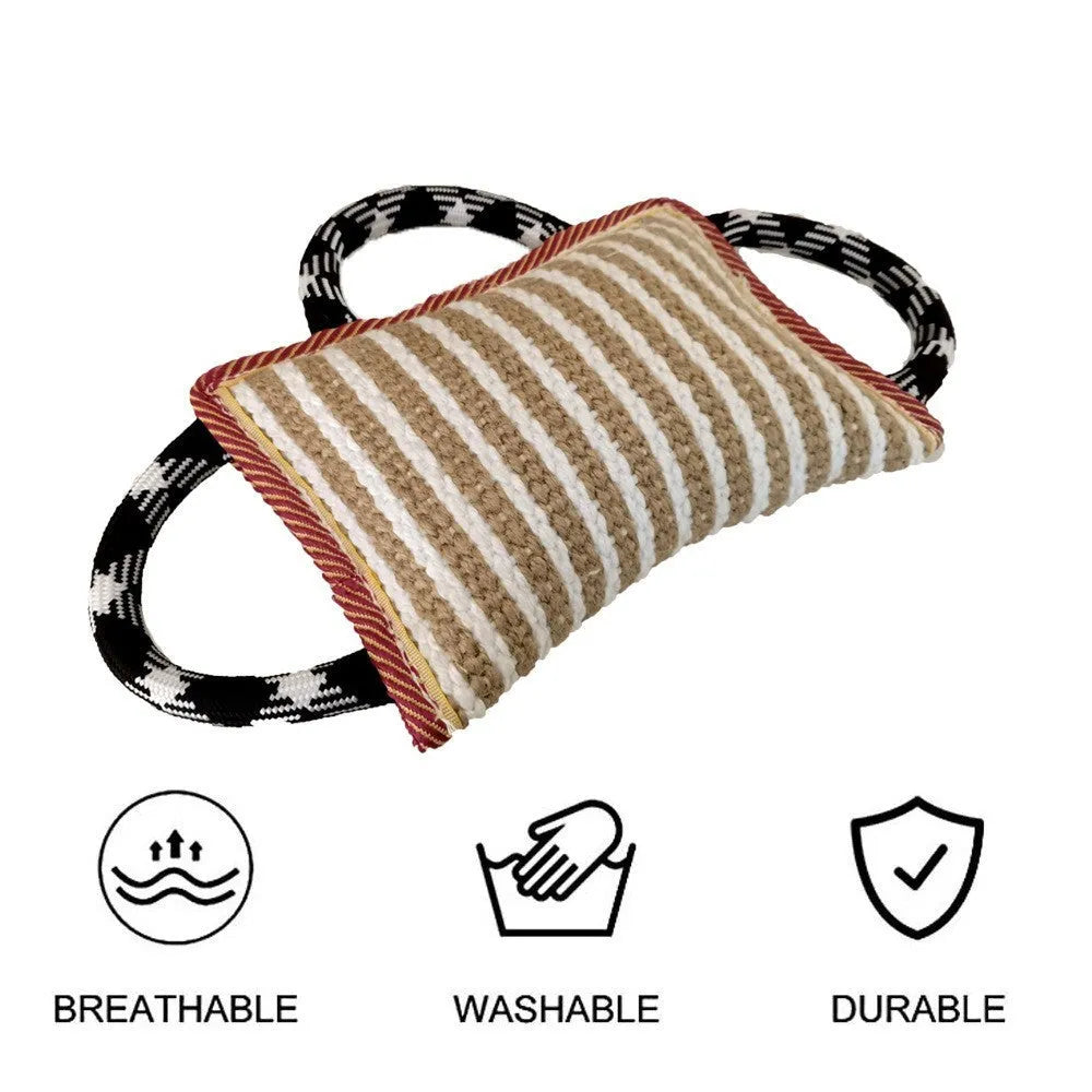 Jute dog tug toy bite pillow with three rope handles in assorted colours
