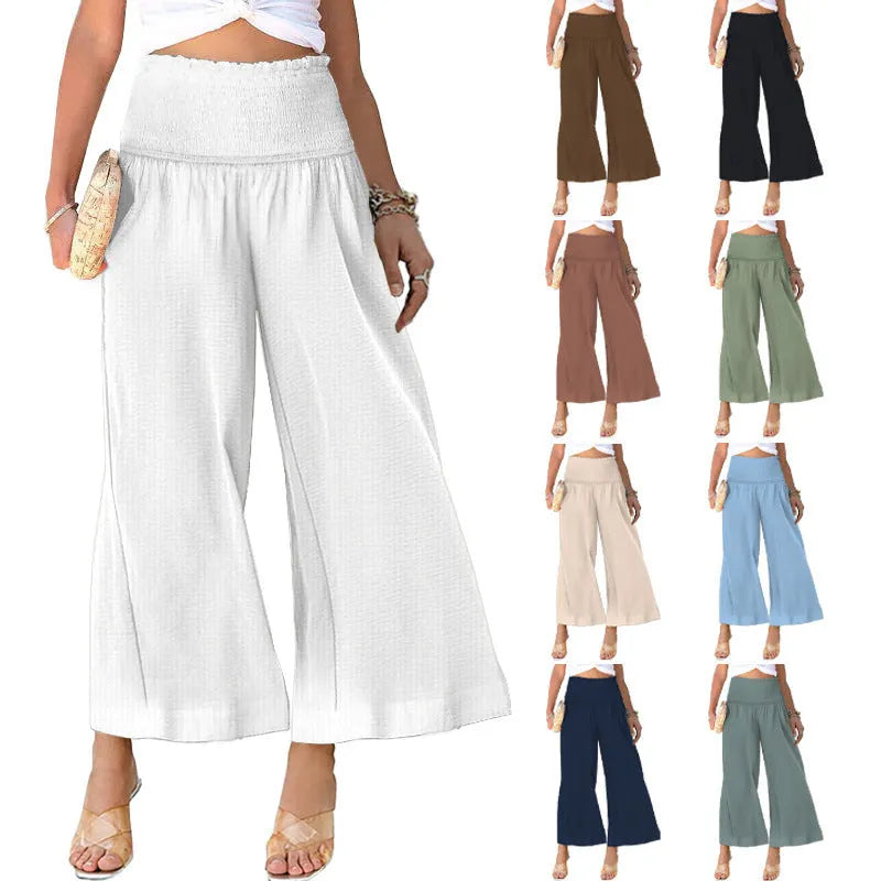 Women's high waist pleated trousers in cotton linen blend, straight leg cropped style